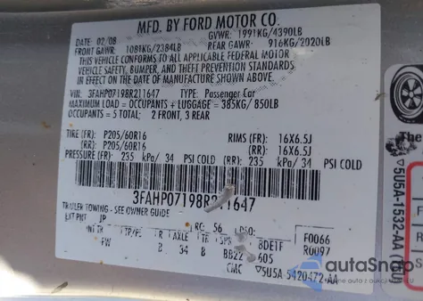 2008 Ford Fusion Se из США, поврежденный, VIN 3FAHP07198R211647